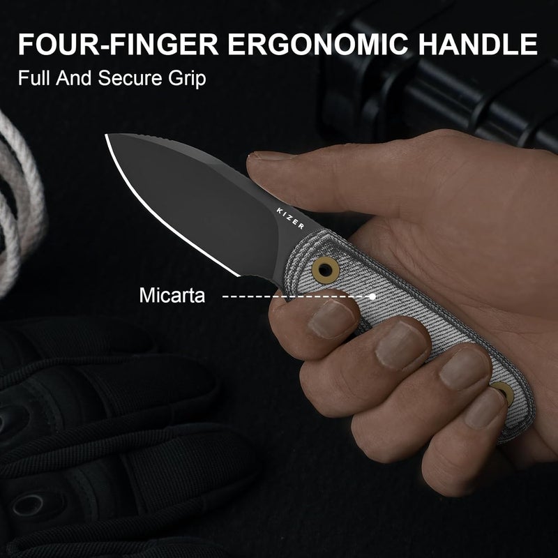 KIZER Drop Bear Fixed Blade Knife, 2.57" S45VN Matte DLC Ultra Blade EDC Camping Knife with Black Micarta Handle & Built-in Tools, Outdoor Small Hunting Survival Knives with Kydex Sheath, 1094A4 - Image 5